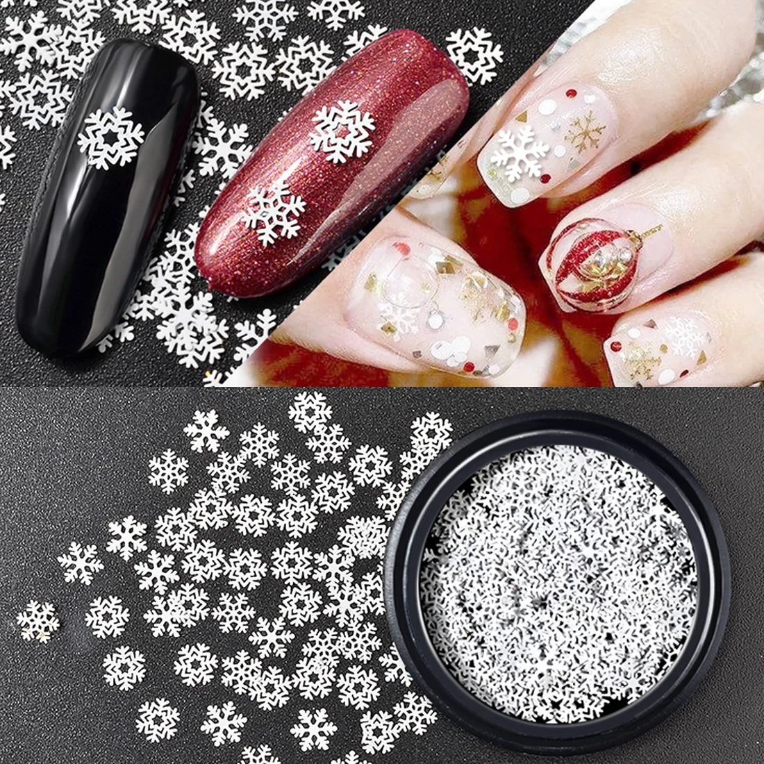

Mix Szie 3 Patterns Nail Art Decoration 1 Box 1.5g XMAS Metal Snowflake Nail Sequins Winter Christmas Paillette White Flake