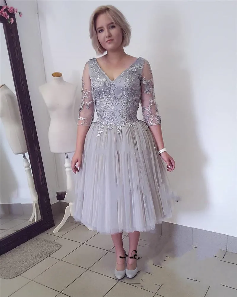 

V Neck 3/4 Long Sleeve Appliques Short Women Prom Party Wedding Guest Gowns