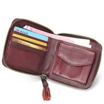 

Retro small wallet cowhide square Women coin purse tassel zipper multi-card holder wallet purse money bag ladies leather wallet