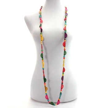 

Ethnic Wholesale Coconut Shell Long Strand Necklace Multicolor Wooden Round Beaded Handmade Knitted Bohemian Jewelry for Women