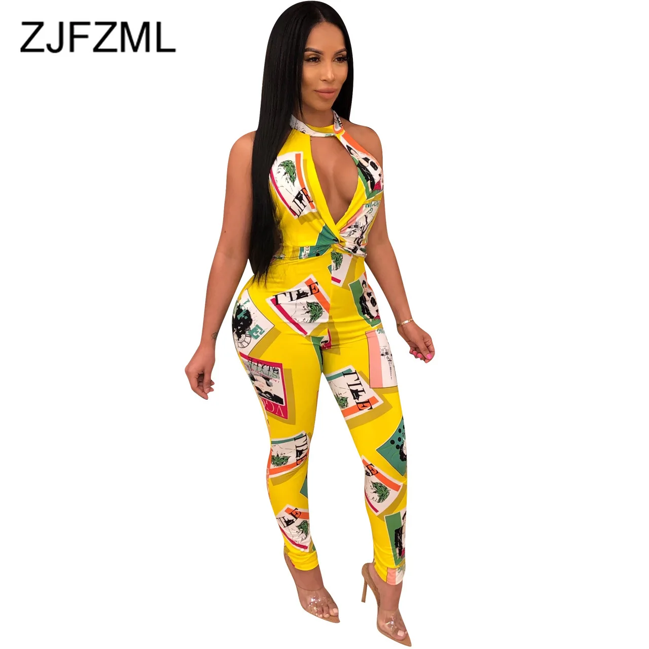 

Character Print Sexy Skinny Jumpsuit Women Off The Shoulder Open Back Bodycon Bodysuit Summer Halter Cut Out Long Party Romper