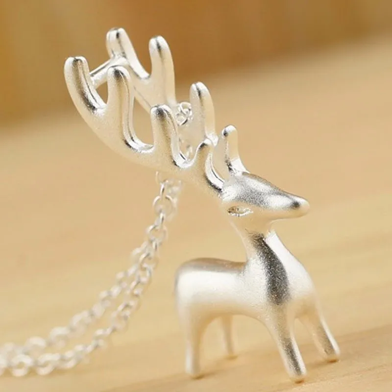 Surprise Cute 925 Silver Needle Elk Wapiti Necklace for Women 3D Animal Pendant Necklaces Christmas Party Accessories 18 inch