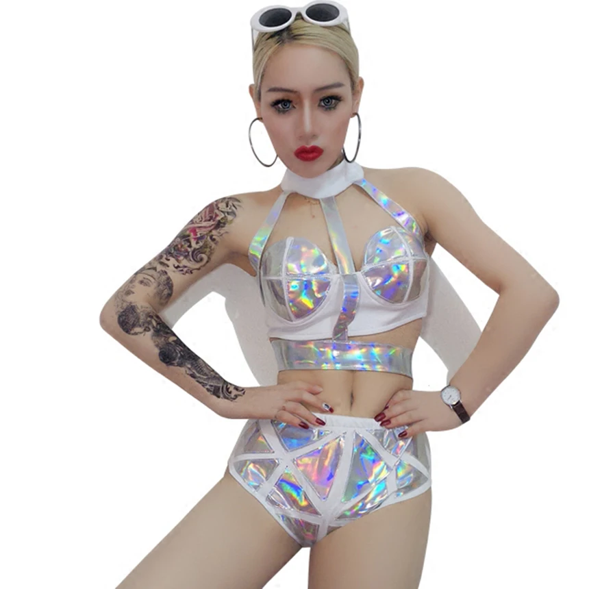 

Holographic Burning Man Sexy Laser Vinyl Sets Festival Rave Outfits Clothes Gear Bodysuit Dance Wear Women Singer Stage Costume