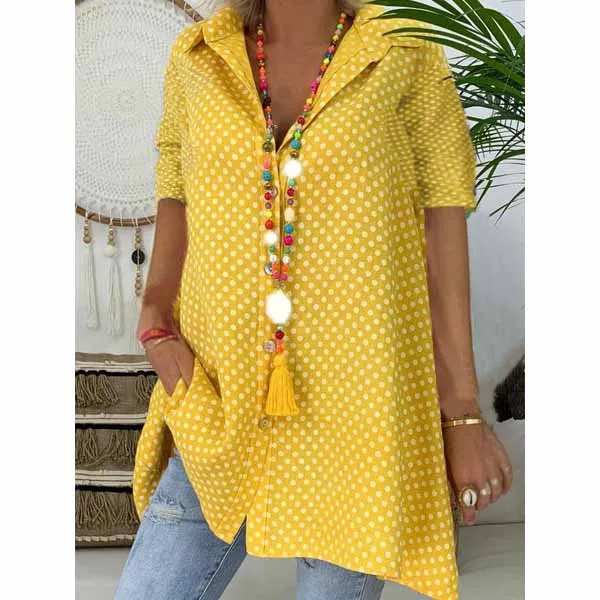 

5Xl Summer Women Plus Size Blouse Loose Casual Button Beach Blouse Polka Dot V Neck Short Sleeve Dot Print Tops