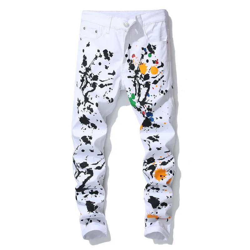 

New Fashion Brand Stretch Mens Jeans white Oil painting Skinny Pants Men's Casual Cotton Denim Graffiti Printed Trousers 903#