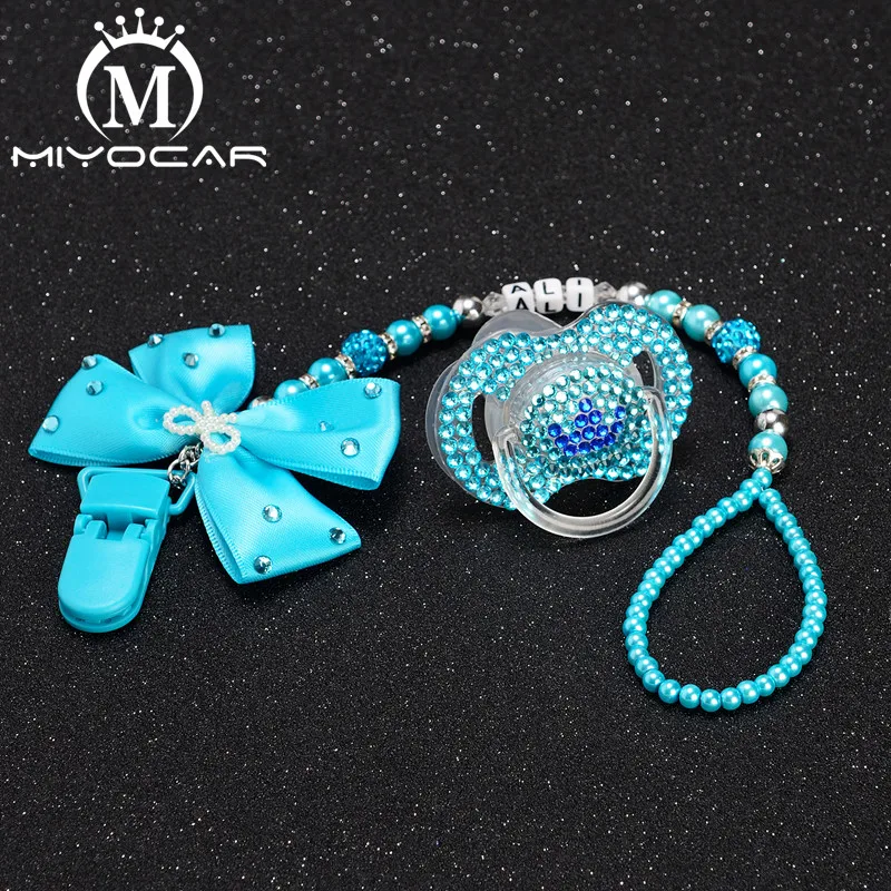 

MIYOCAR custom any name beautiful blue crown Rhinestone pacifier and pacifier clip holder set prince baby shower gift