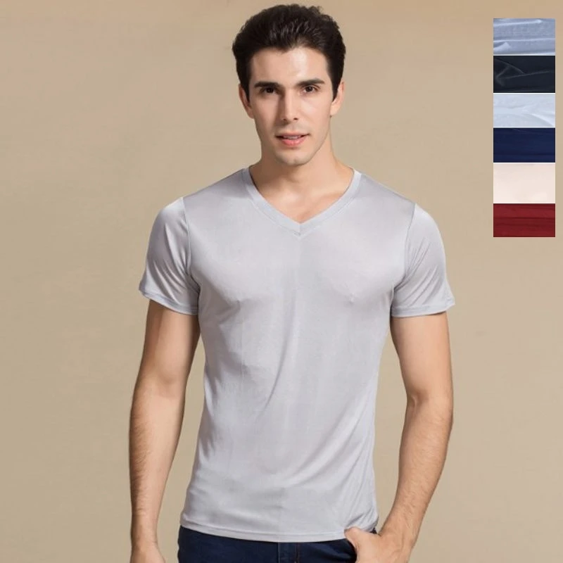 

Men's 50% Silk 50% Viscose T-Shirts Casual Short Sleeve V Neck Sleepwear SG203