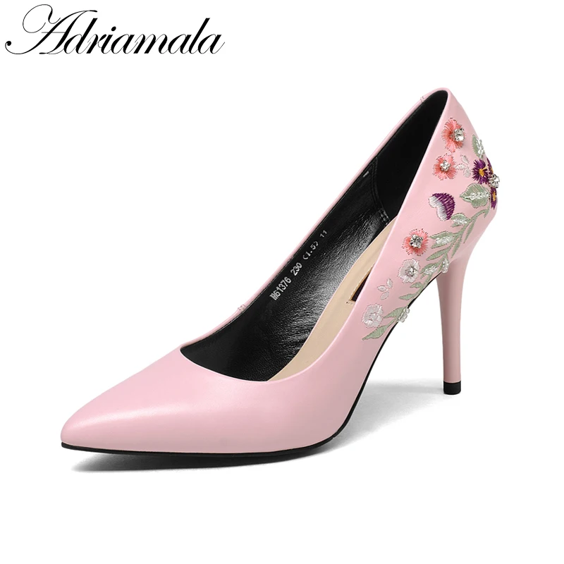 

2018 Spring Summer Genuine Leather Women High Heels Pumps Shoes Embroider Fashion Sexy Thin Heels Party Dress Shoes Nysiani