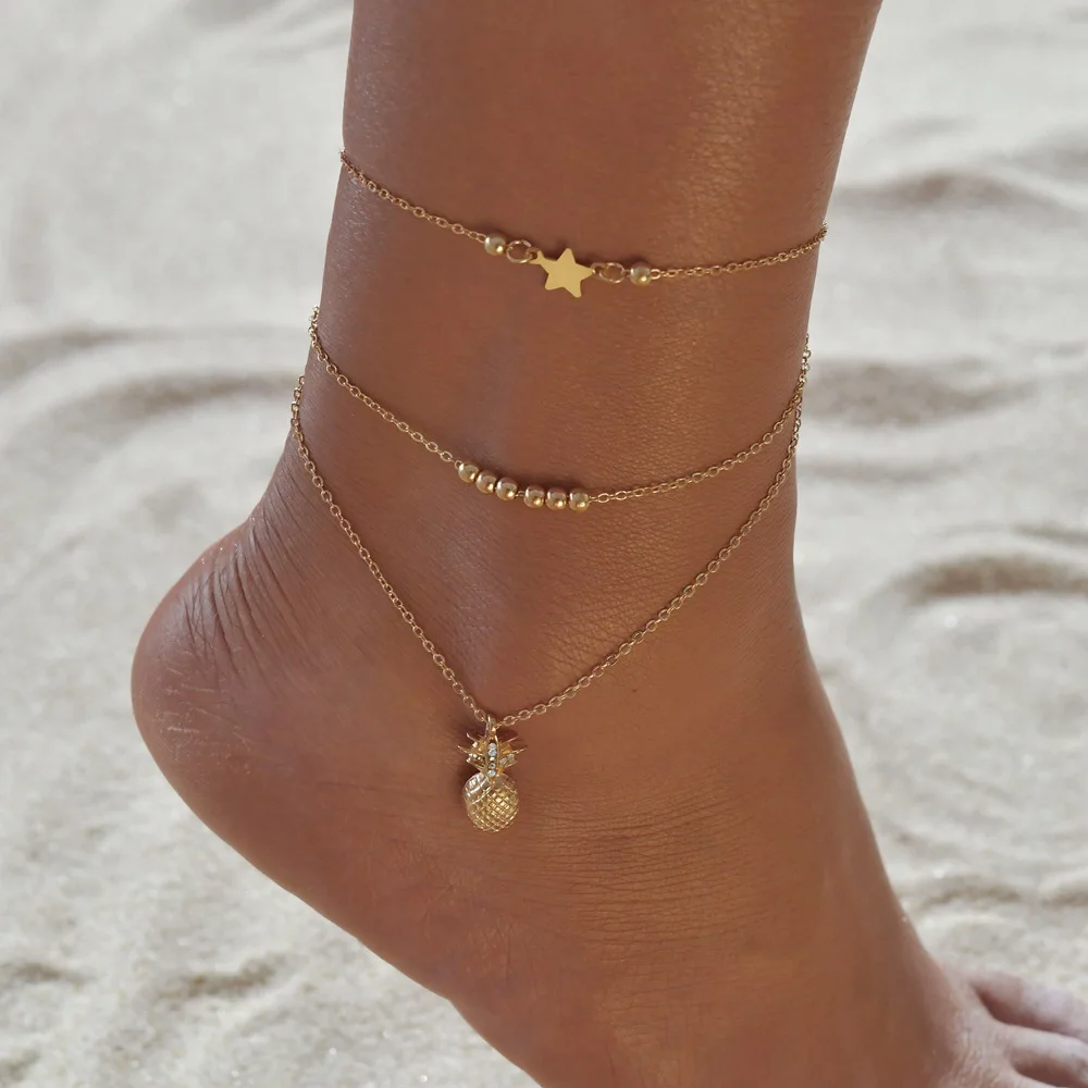

2019 Summer Beach Ankle Multi Chain Pineapple Pendant Anklet Beaded Link Foot Jewelry Fashion Boho Style Anklets for Women Girl