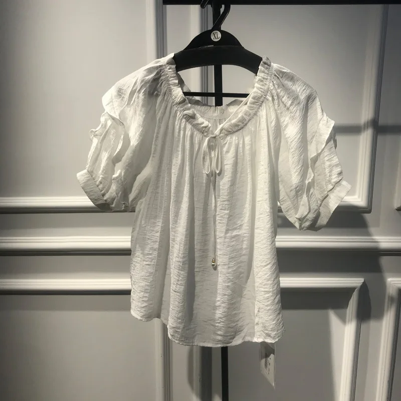 

2019 Summer Loose O-Neck White Lace-up Shirt Fashion Casual Elegant Women Blouses Ruffle Blouse