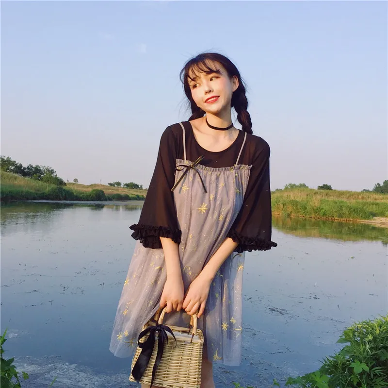 Для женщин платья для Японии Kawaii Ulzzang шифон шить сетки Ложные два платье женский