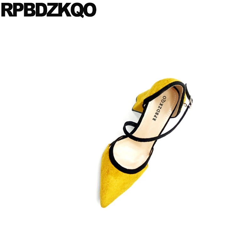 

chunky 8cm pointed toe fashion shoes 2018 luxury women high quality yellow suede ankle strap heels sandals pumps genuine leather