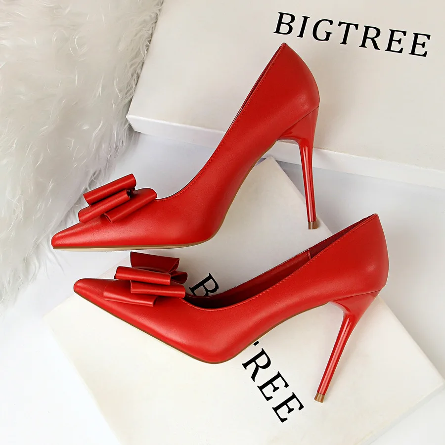 

big size 34-43 pumps women shoes high-heels stilettos pointe red bow women's wedding shoes bride sapato feminino stripper pole