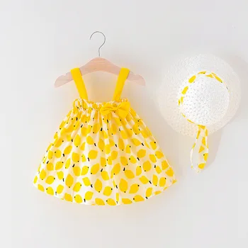 

New 0-24M Casual Summer Baby GirlS Dress+Hat Cotton Print Lemon Bow Sleeveless Infant Girl Dresses Toddler Baby Girl Clothes