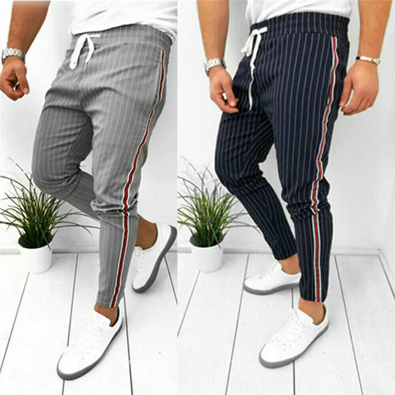 

Men Pants Ankle-Length Elastic Striped Skinny Sports Fitness Sweatpants 2019 Fashion Long Pants