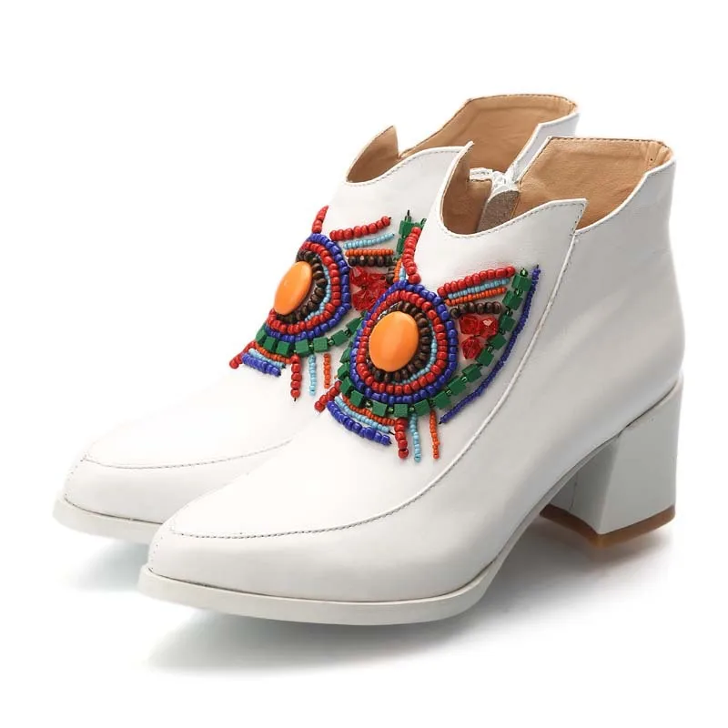 Perles Style Blanc Femmes Chaussures Bottines Talons Hauts Noir Automne blanc Martin Bottes Enmayla Bout Pointu Noir Dames Ethnique De JlK1Fc3Tu5
