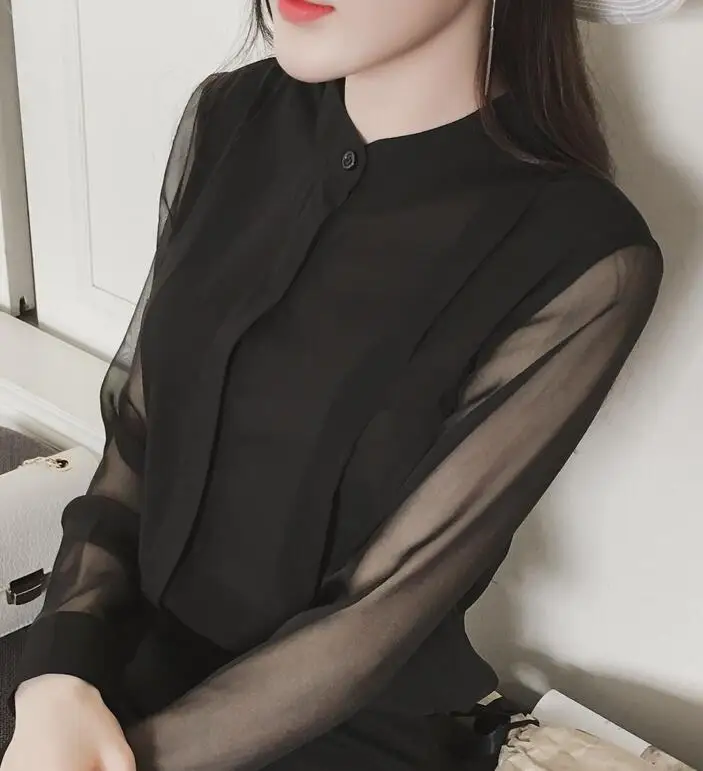 

Free Shipping Plus Size Korean Stand Collar Flower Printed Long Sleeve Woman Chiffon Top Black