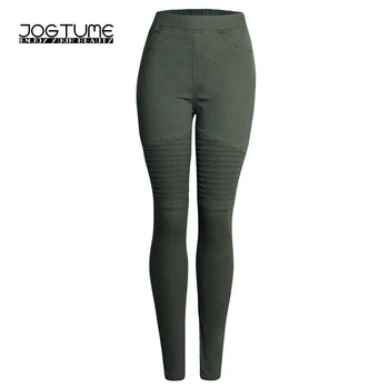 

Women Biker Jeans 2017 Autumn Winter Fashion Slim Stretch High Waist Pleated Motorcycle Female Denim Pencil Pants Army Green