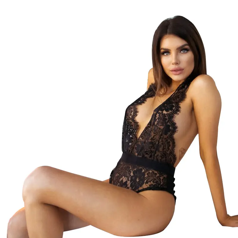 

Sexy Black V Neck Lace Bodysuits Women Clothing Top Night Club See Through Body Backless Rompers Transparent Overalls Clubwear