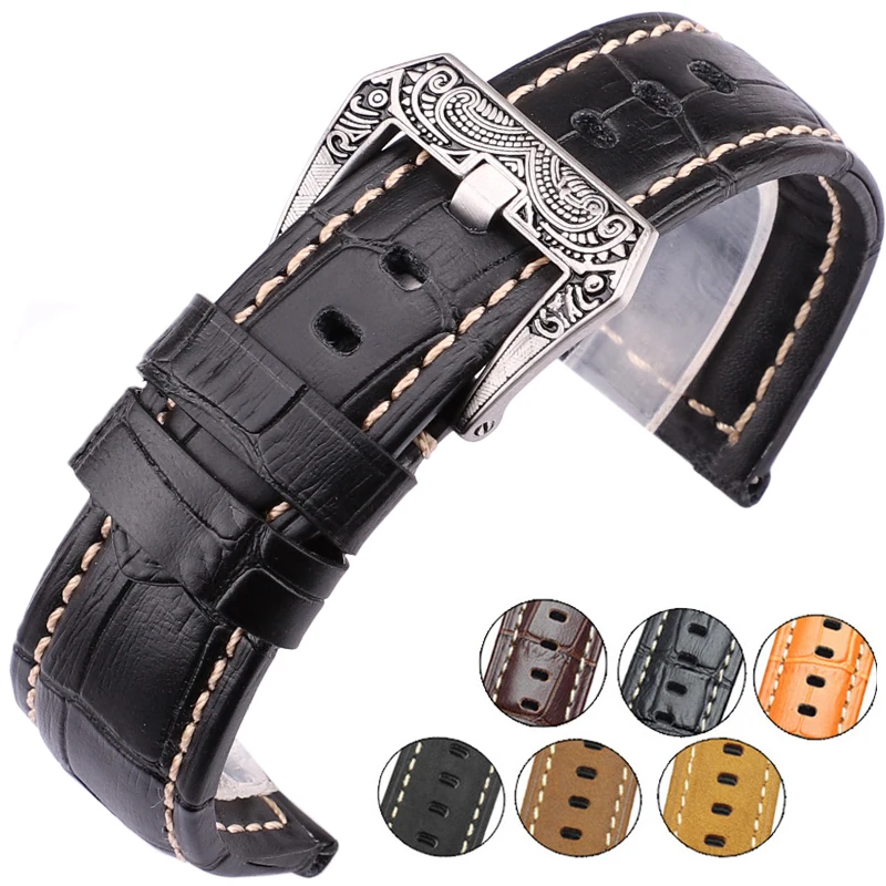 

Italy Genuine Leather Watch Band Strap 22mm 24mm Thick Handmade Soft Cowhide Watchbands Belt With Retro Steel Buckle