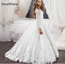 New Flower Girl Dress Long Sleeves Applique Lace A Line Long Girls Birthday Party Dress Pageant Dress for Little Girls Any Size cute mermaid girls pageant gowns lace applique sleeveless lace up flower girls dresses for wedding any size