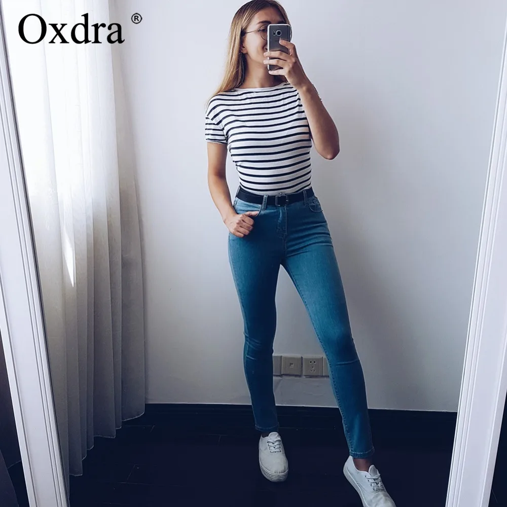 

Oxdra Basic Jeans Soft Pants Slim Jeans Female Straight All Base Match High Waist Jeans Femme Elastic Denim Pants For Women