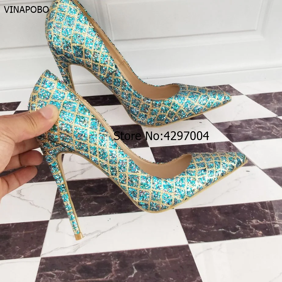 2018 New Pointed Toe Wedding Shoes Women Blue Gold Grid Bling Thin High Heels 8cm/10cm/12cm Genuine leather Shallow Party Pumps