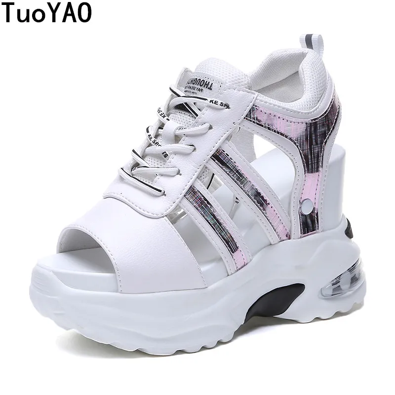 

New Arrival 2019 Summer Platform Sandals Women 11 CM Wedges Thick Bottom Casual Shoes Comfortable White Lace-Up Sandals Sneakers