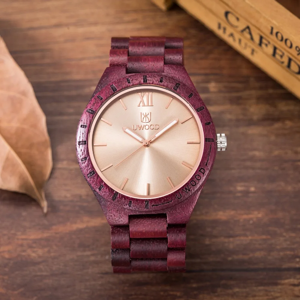 

Men's Wood Watches Quartz Purple Sandal Luxury Band Wooden Wristwatch for Men Uwood watch Handmade Top Quality as Fashion Gifts