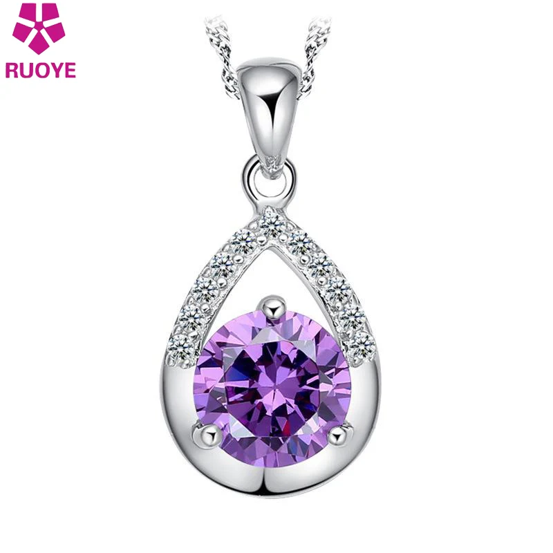 

High Quality Luxury Zirconia Diamond Necklace Pendant Women Jewelry Purple White Crystal Silver Plate Charm Party Jewelry