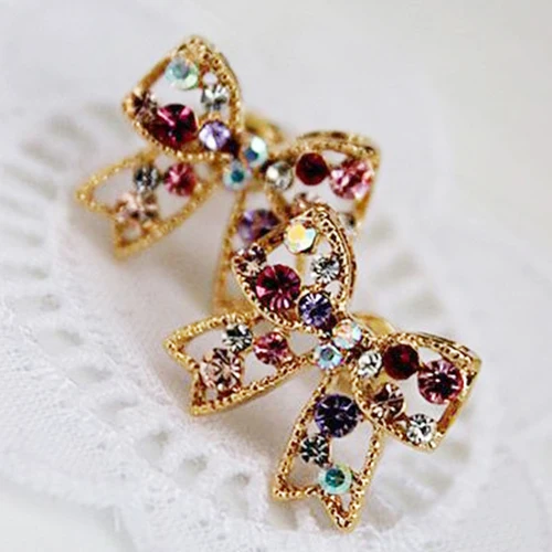 

Hot 2016 Women's Colorful Crystal Gold Tone Bowknot Bow Ear Studs Charm Earrings Jewelry 7QO5