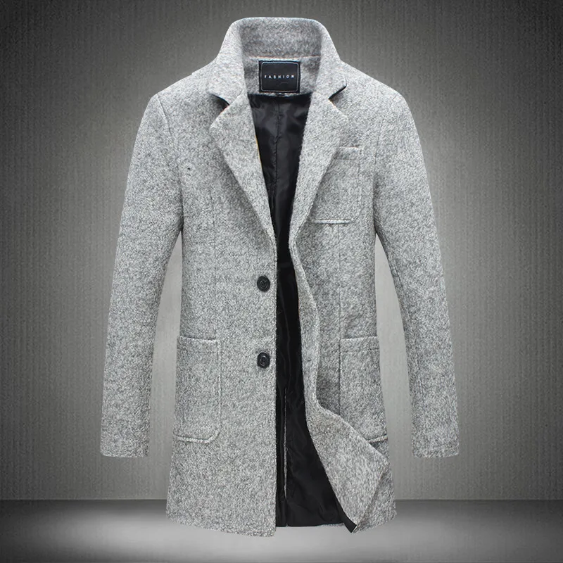 Осень и зима новые модные бутиковые однотонные повседневные деловые мужские длинные шерстяные пальто/мужские серые длинные шерстяные куртки
