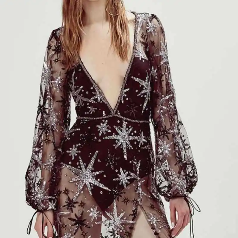 

LOVE Sexy Deep V-neck Bling bling Stars Sequins Split Women Dresses Party Elegant long sleeves mesh dress evening club celibrity