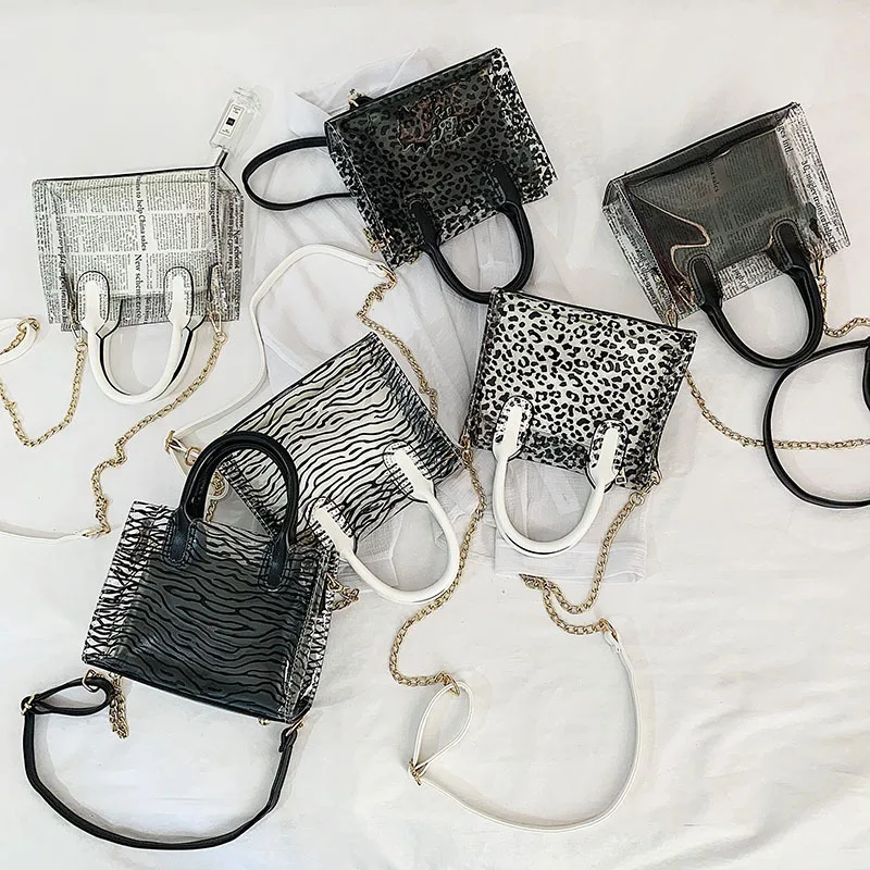 

New Women Pvc Transparent Handbags Leopard/zebra Newspaper Print Chain Shoulder Messenger Bag Girl Clear Crossbody Bag For Women