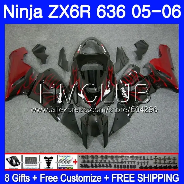 

Body For KAWASAKI NINJA ZX-636 ZX 6R 600CC 6 R ZX636 05 06 Red flames 17HM.20 ZX6R 05 06 ZX600 ZX 636 ZX-6R 2005 2006 Fairing