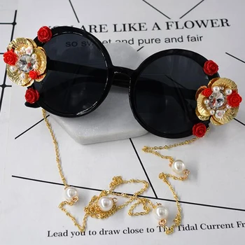 

New Round Sunglasses Women Metal flower pearl Party Celebrity Steampunk Sun Glasses crystal Rhinestone Summer Beach Shades Ladie