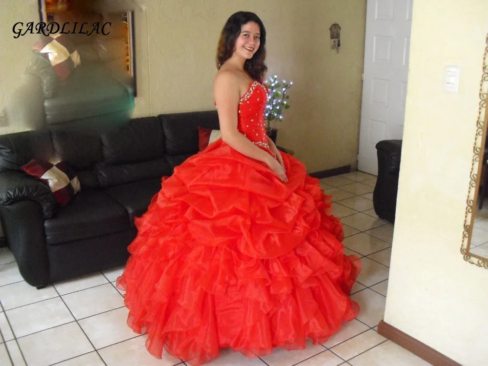 Настоящая органза гофрированное красное бальное платье с бисером 16 платьев Vestidos De 15 Anos - Цвет: Красный