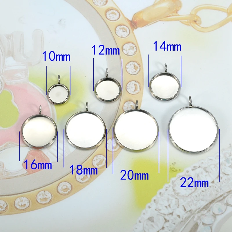 

20PCs Charm Pendant Stainless Steel Silver Tone Cabochon Setting Round Small Jewelry Findings 10 12 14 16 18 20 22mm