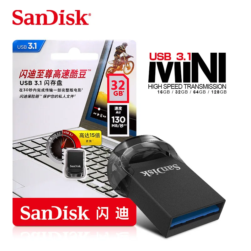 Натуральная двойной флеш-накопитель SanDisk CZ430 USB флэш-накопитель 64 Гб оперативной памяти, 16 Гб встроенной памяти, мини USB флэш-накопитель USB 3,1 до 130 МБ/с. флеш-накопители USB 3,0 флэшку 32gb 128G