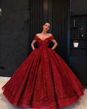 

Glitter Sequin Burgundy Ball Gown Evening Dresses 2020 Off Shoulder Long Prom Dress Women Celebrity Party Gowns