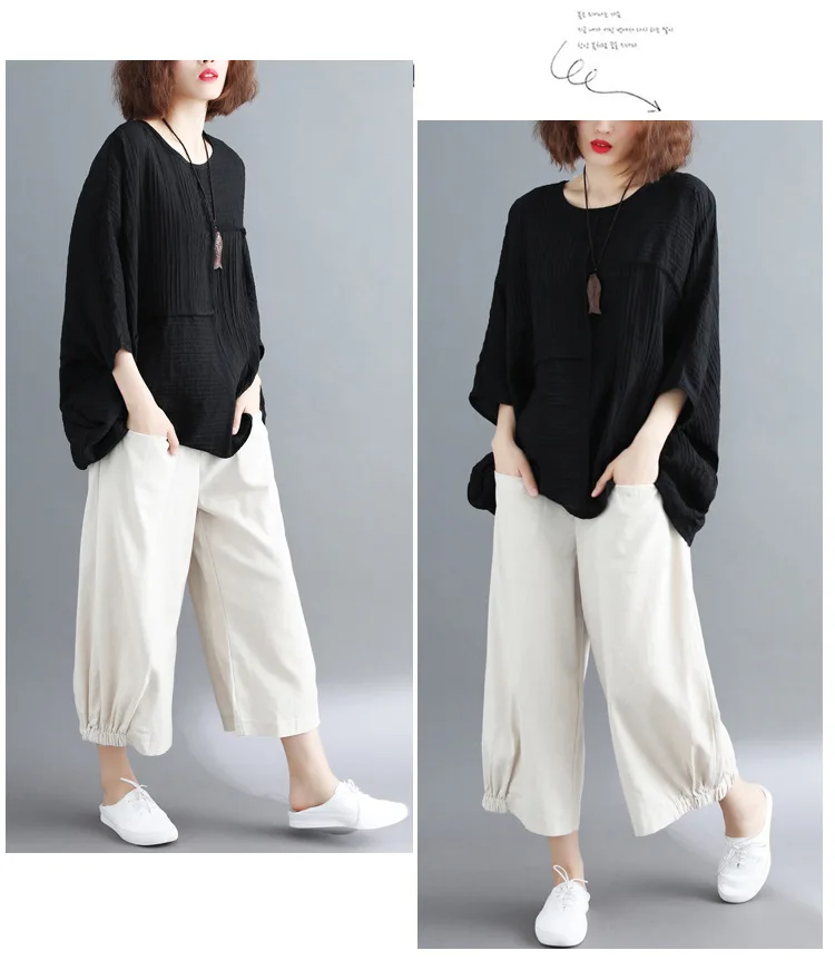 LZJN Summer Women Fashion Shirt Solid White Black Color Oversize Loose Tops Batwing Sleeve Casual Cotton Linen Blouse Plus Size (16)
