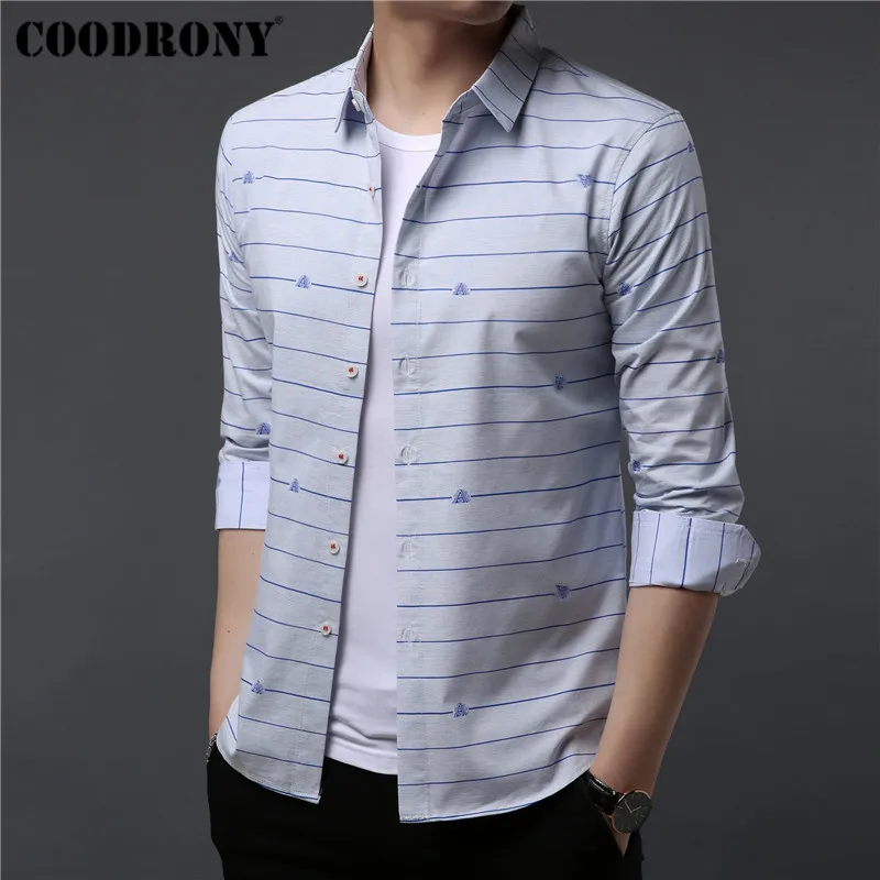 

COODRONY Brand Men Shirt Autumn New Streetwear Fashion Striped Casual Shirts Cotton Shirt Men Long Sleeve Camisa Masculina 96048