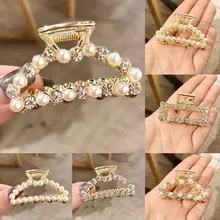 Women Ladies Korean Style Metal Alloy Side Hair Claw Luxury Faux Pearl Glitter Rhinestone Jaw Clip Hollow Out Geometric Shape faux sapphire alloy hollow out floral barrette