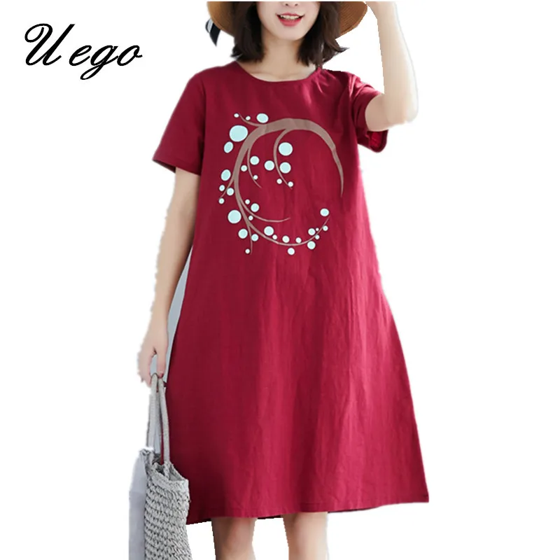 

Uego 2019 New Arrival Short Sleeve Summer Beach Casual Dress Soft Cotton Linen Printing Floral Vintage Dress Women Midi Dress