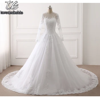 

New Dubai Elegant Long Sleeves A-line Wedding Dresses Sheer Crew Neck Lace Appliques Beaded Vestios De Novia Bridal Gowns