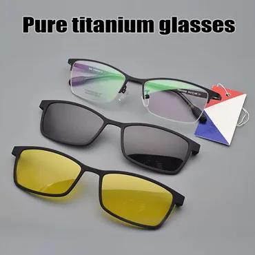 Очки из нержавеющей стали, оправа для мужчин, коричневые, 2 шт., магнитные солнцезащитные очки на застежке, UV400, желтые поляризованные очки ночного видения