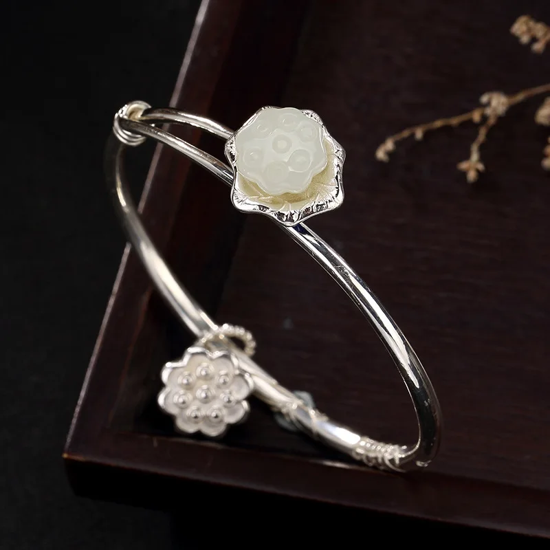 

Silver S925 Pure Silver Mosaic And Tian Yuyu White Jade Blue Blue Lotus Lotus Push Pull Opening Lady Bracelet Batch