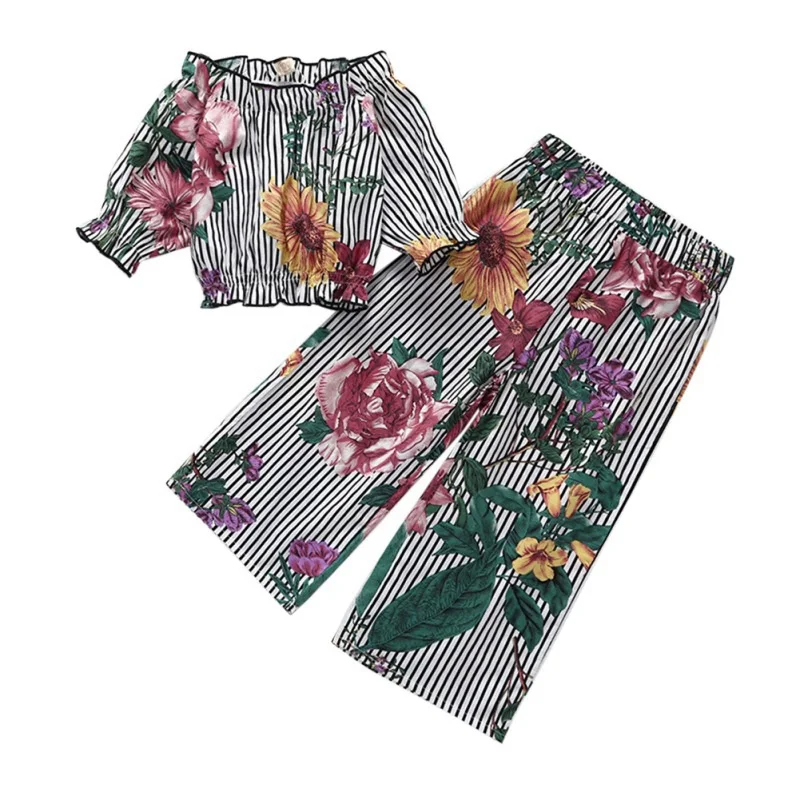 

Summer Toddler Girl Floral Print Off-shoulder T-shirt Blouse Tops Trousers Pants Casual Outfits