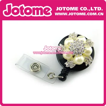 

Wholesale flower pearl Bling Retractable ID Badge Holder Pearl Clear Rhinestone