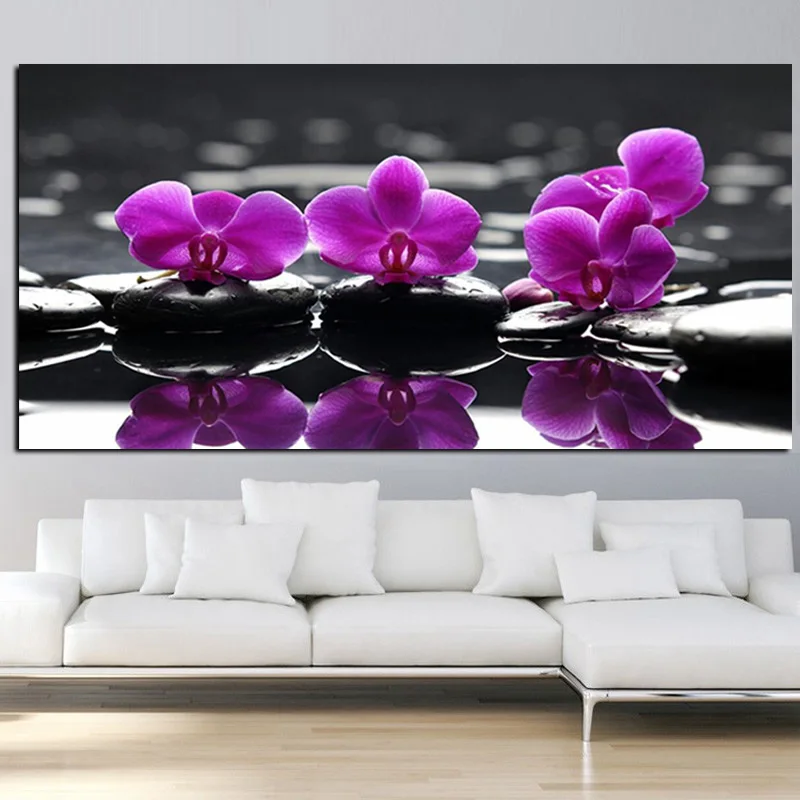 

HD Print Zen Stones Purple Butterfly Orchid Painting on Canvas Art Modern Poster Wall Picture for Living Room Cuadros Decoracion
